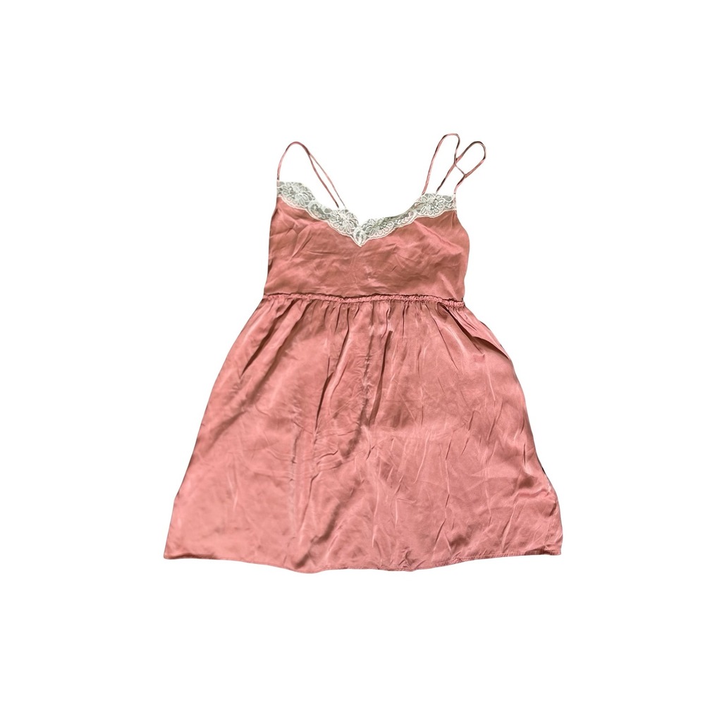 Eloise Anthropologie Silk Slip Dress Pink Lace Trim V-Neck Mini Medium